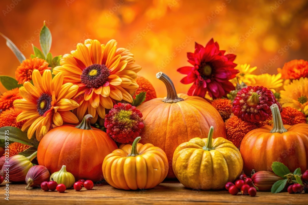 A lively autumn tableau showcasing colorful pumpkins and orange blooms against a radiant orange backdrop, perfectly embodying the cheerful spirit of the fall season. A lively autumn tableau showcasing colorful pumpkins and orange blooms against a radiant orange backdrop, perfectly embodying the cheerful spirit of the fall season.
