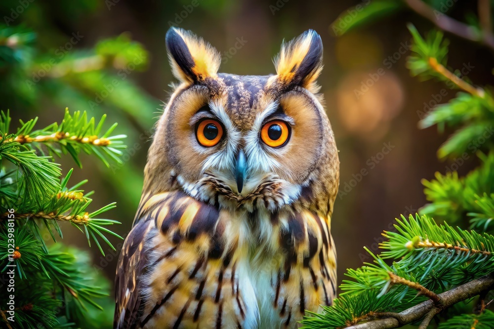 Naklejka premium A Long Eared Owl with large, expressive eyes stares intently from a thick branch in its natural habitat, showcasing its striking beauty and keen awareness.