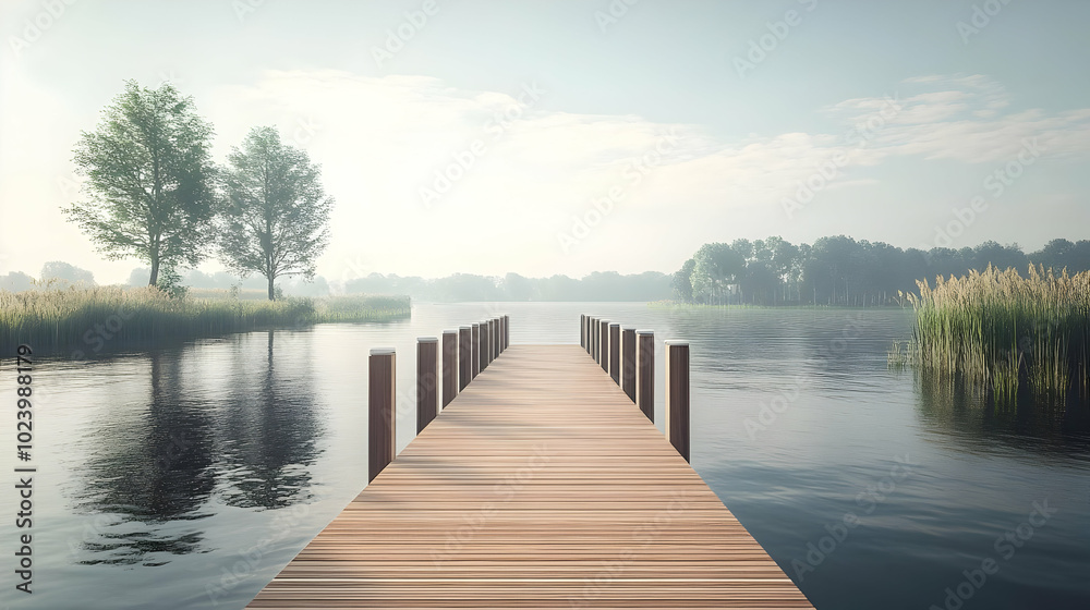 Fototapeta premium Scenic wooden dock extending into a tranquil lake surrounded by trees.