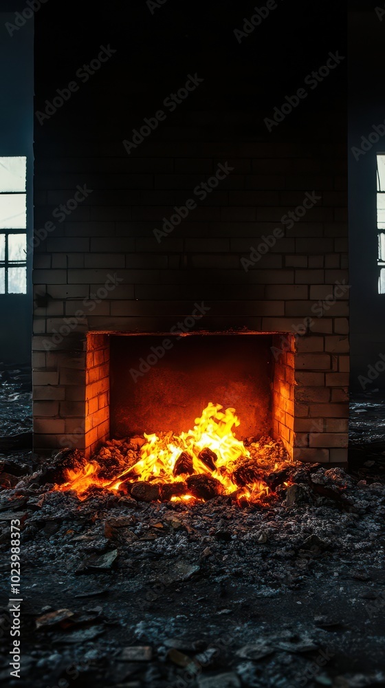Flames dancing in a fireplace, creating a warm and inviting atmosphere in a dimly lit room.