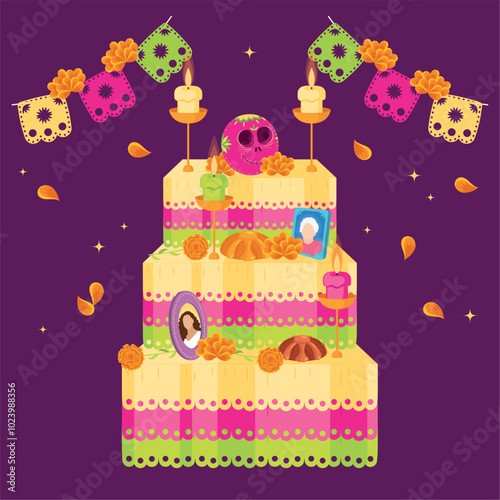 Dia de los Muertos altar with colorful decorations and candles Vector