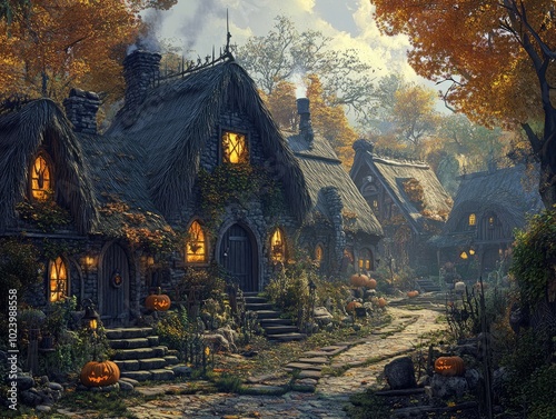 Enchanting Village with Thatched Roofs and Halloween Decor photo