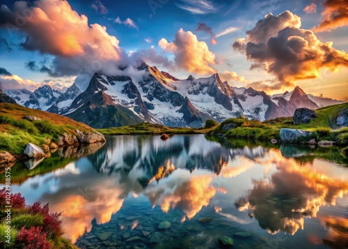 Amidst Mont Blanc's towering peaks, surreal dreams unfold, as enchanted skies shimmer with magical colors, inviting wanderers to lose themselves in nature's mesmerizing embrace.