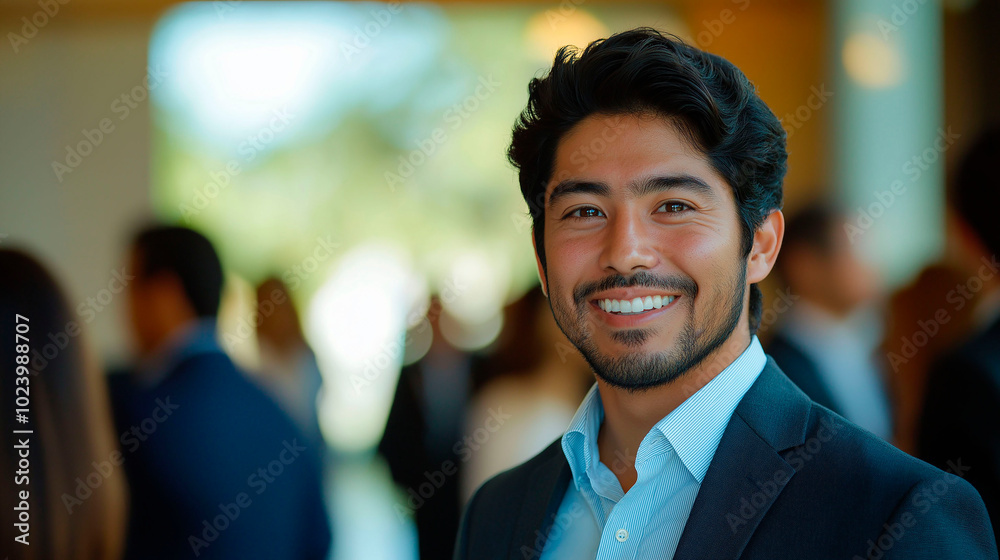 Happy Latin businessman smiling at camera, attending a training summit Happy Latin businessman smiling at camera, attending a training summit