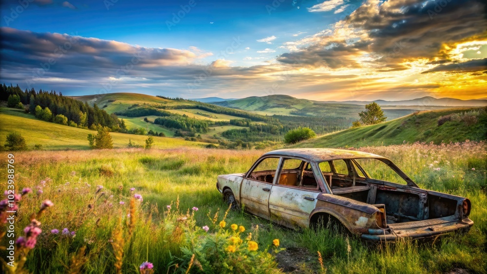 An abandoned, charred car sits amidst the countryside, embodying rustic ...