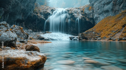 A cascading waterfall flows into a crystal-clear pool surrounded by rocky cliffs.