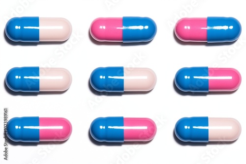 Nine blue and pink capsules arranged in a grid pattern on a white background, showcasing organization, uniformity, and vibrant color contrast in pharmaceutical design.