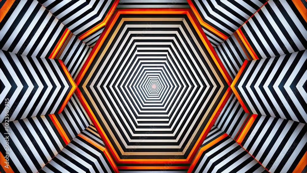 An engaging optical illusion showcases hexagons in black and white, intertwined with striped lines that generate dynamic, eye-catching patterns that deceive the viewer’s mind. An engaging optical illusion showcases hexagons in black and white, intertwined with striped lines that generate dynamic, eye-catching patterns that deceive the viewer’s mind.