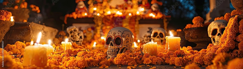 A vibrant altar decorated with skulls, candles, and marigolds, celebrating the Day of the Dead with a mystical ambiance. A vibrant altar decorated with skulls, candles, and marigolds, celebrating the Day of the Dead with a mystical ambiance.