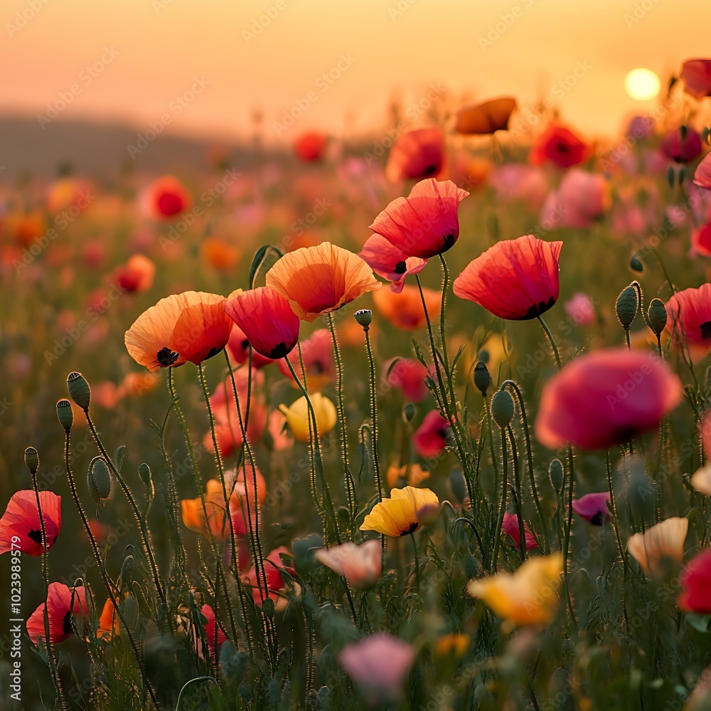 Obraz premium A vibrant field of blooming flowers at sunset, showcasing nature's beauty and tranquility.