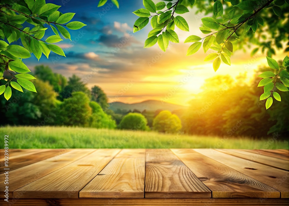 A peaceful wooden surface adorned with vibrant green leaves, set against a softly blurred natural backdrop, creating an ideal scene for tranquil photography. A peaceful wooden surface adorned with vibrant green leaves, set against a softly blurred natural backdrop, creating an ideal scene for tranquil photography.