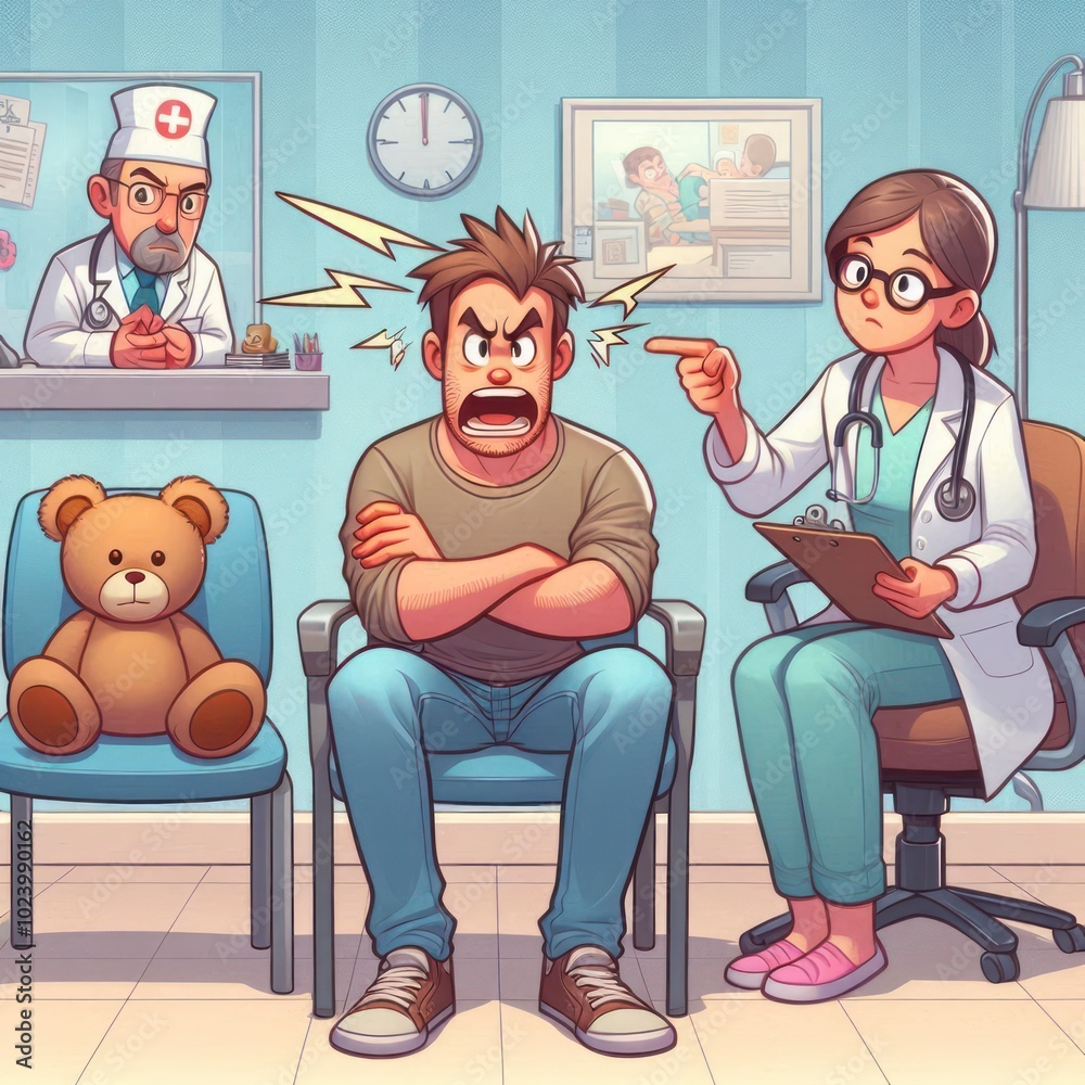 Illustration of angry person in hospital. Illustration of angry person in hospital.