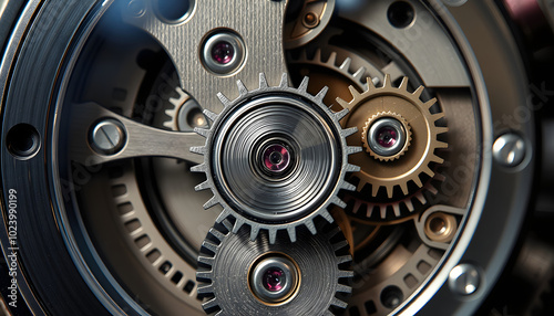 Close-up of a mechanical mechanism with gears, symbolizing watch repair and complex micromechanics isolated with white highlights, png