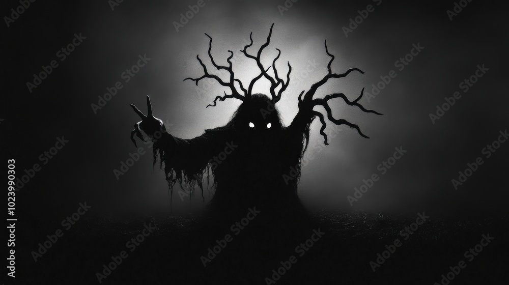 Fototapeta premium Mysterious shadowy figure with tree-like arms against dark background.