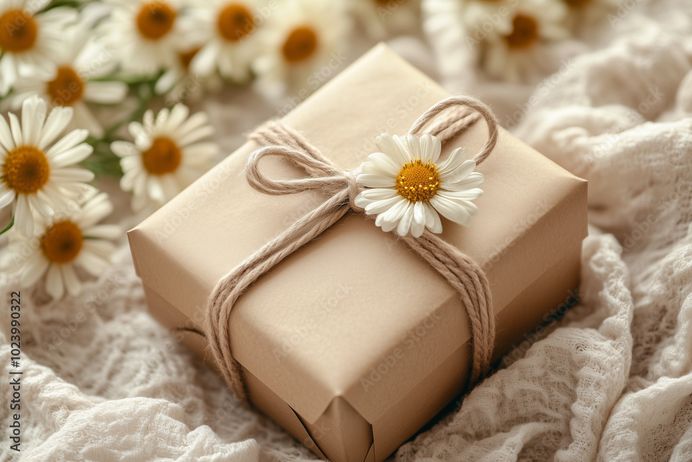 beige gift box with flowers. wedding rings in a gift box. present for birthday. close up. AI Generated
