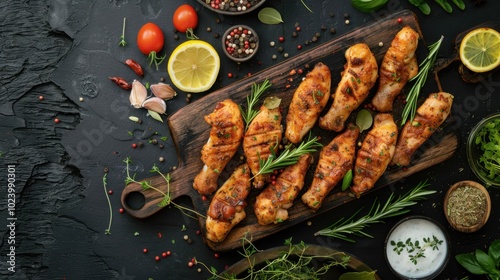 Wallpaper Mural Grilled Chicken with Herbs and Spices on Wooden Board Torontodigital.ca