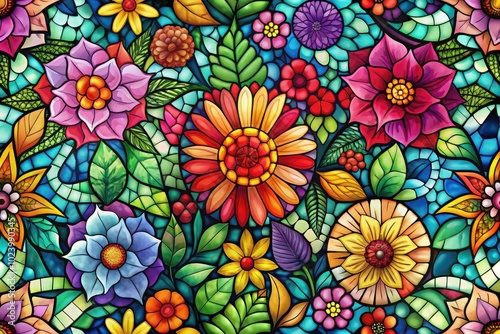 Artistic Floral Mosaic Seamless Pattern for Fashionable Design and Stained Glass Decor