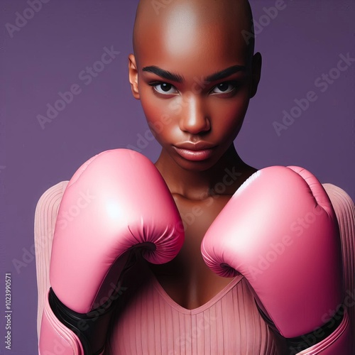 A portrait of a bald black woman in pink boxing gloves showcasing her strength and fitness while preparing for a fight photo