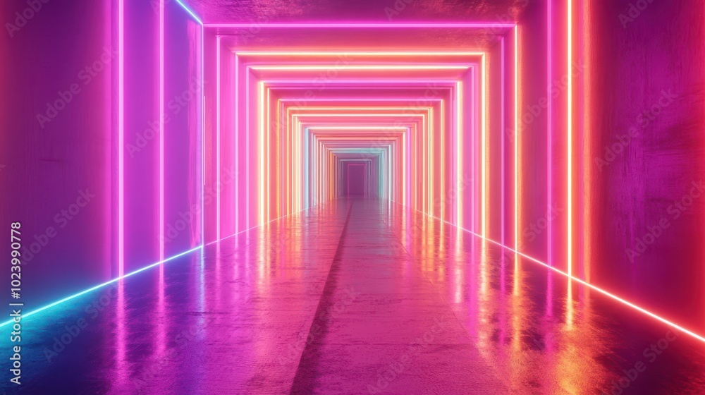 Neon Light Corridor with Pink, Orange, and Blue Hues