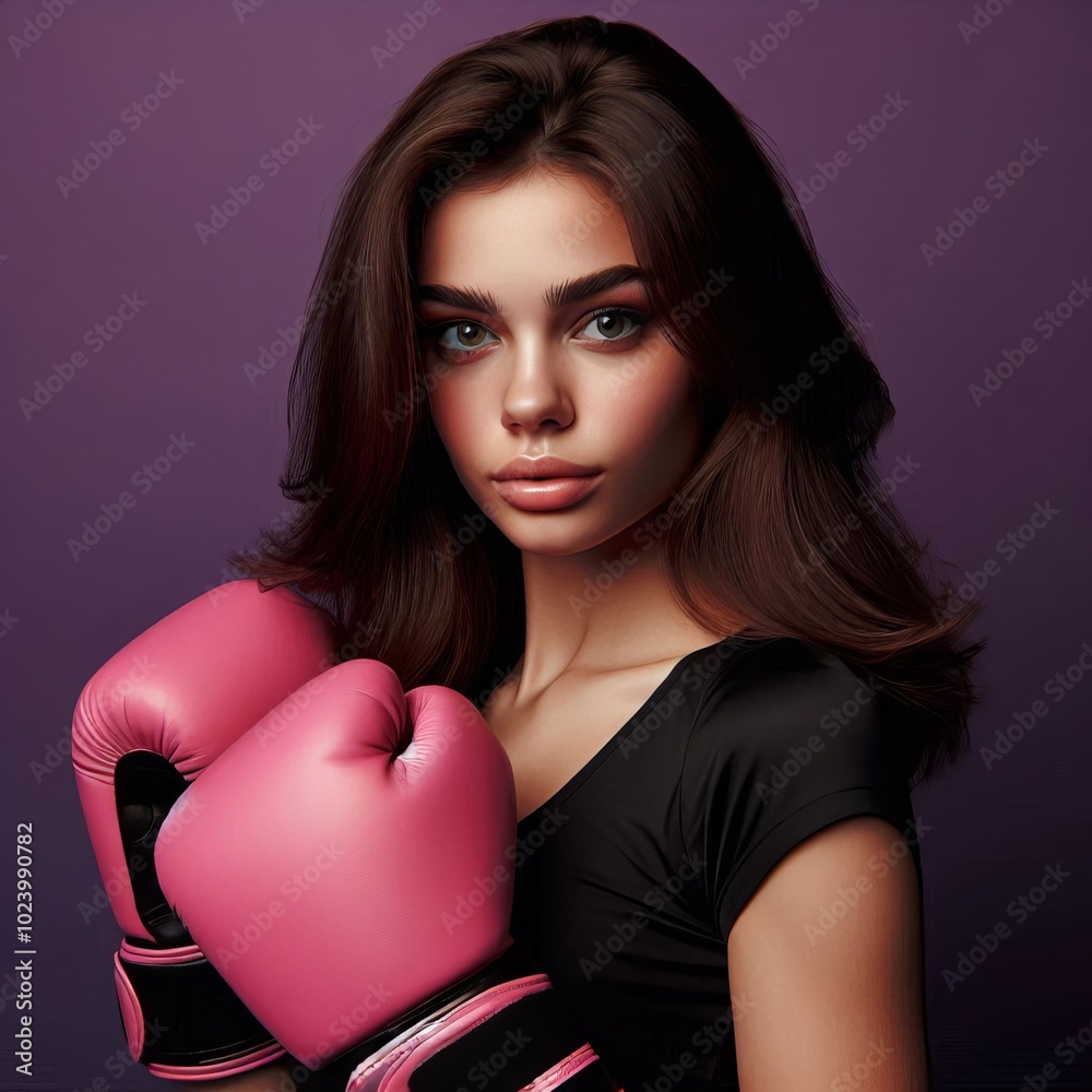 A strong woman in pink boxing gloves demonstrates her power and beauty while training for a fight, embodying fitness and a healthy lifestyle