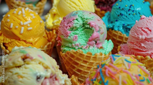 Colorful Assortment of Ice Cream Scoops in Waffles photo