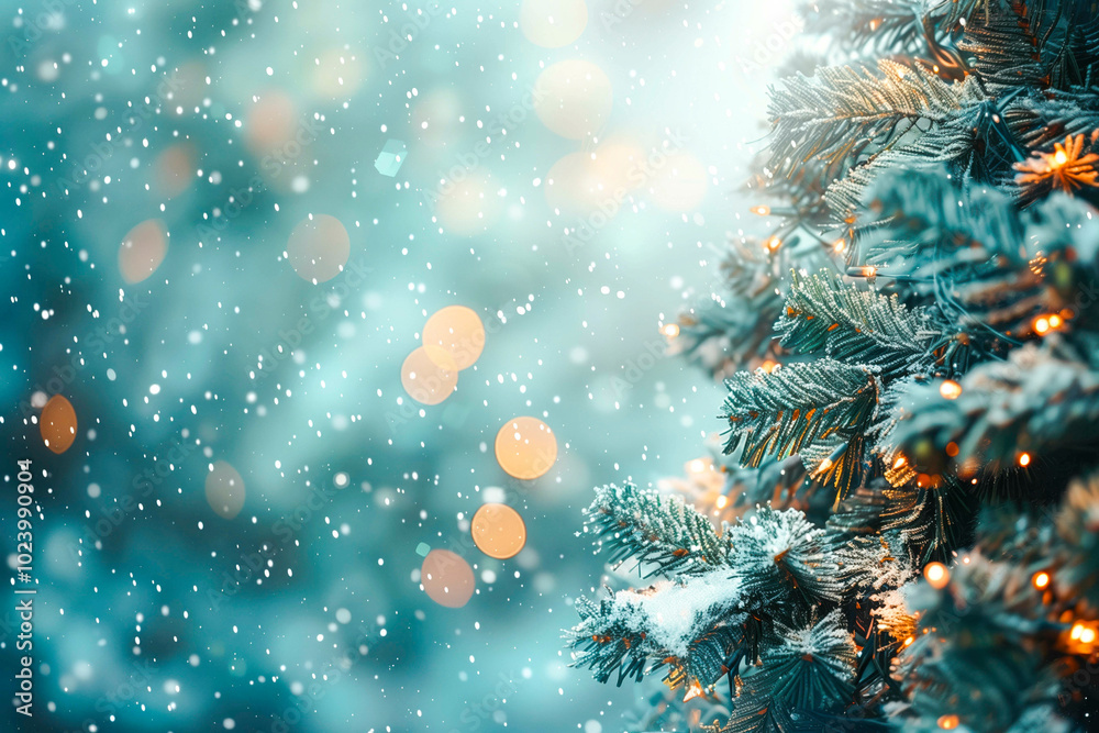 Christmas background. Xmas tree with snow decorated with garland lights, holiday festive background. Widescreen frame backdrop. New year Winter art design, Christmas scene wide screen holiday border Christmas background. Xmas tree with snow decorated with garland lights, holiday festive background. Widescreen frame backdrop. New year Winter art design, Christmas scene wide screen holiday border