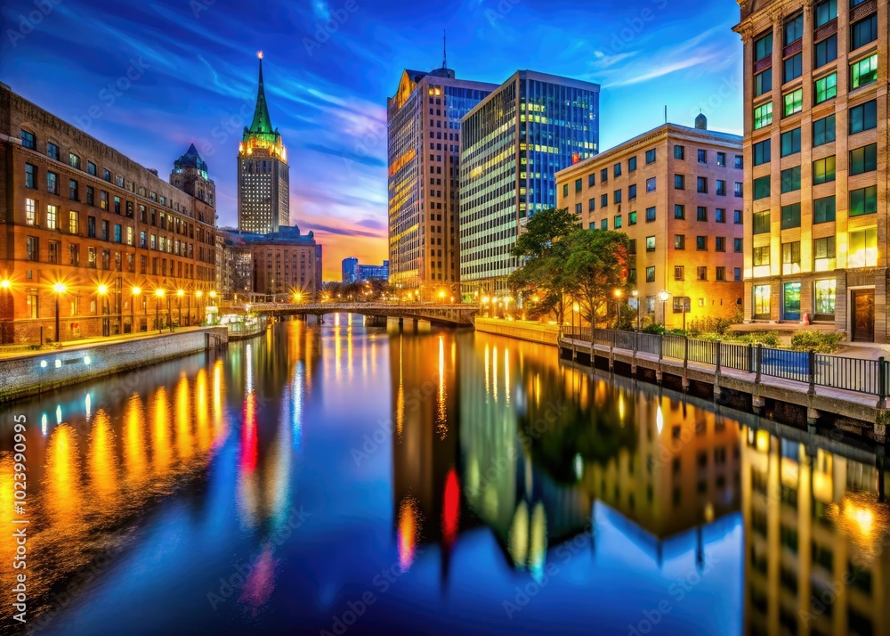 Naklejka premium As night descends, the Milwaukee River transforms into a stunning display of light, showcasing illuminated buildings and their shimmering reflections dancing on the water's surface.