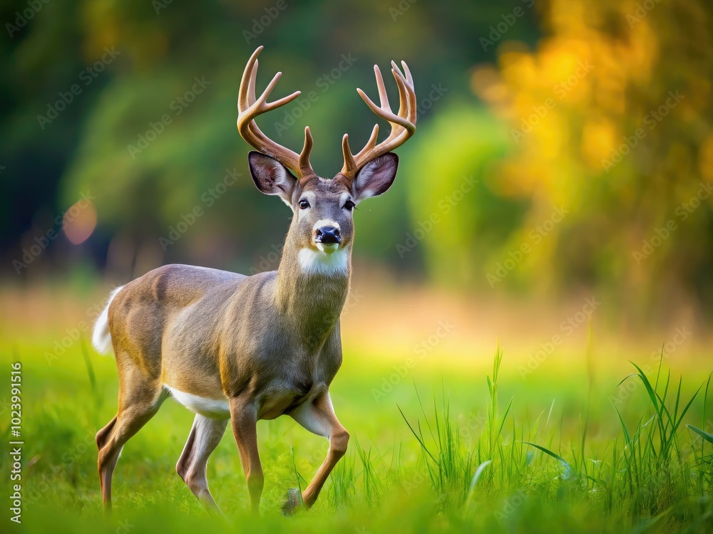 A stunning buck confidently trots through vibrant tall grass during rut season, portrayed through captivating tilt-shift photography that accentuates nature's beauty and wildlife's grace. A stunning buck confidently trots through vibrant tall grass during rut season, portrayed through captivating tilt-shift photography that accentuates nature's beauty and wildlife's grace.