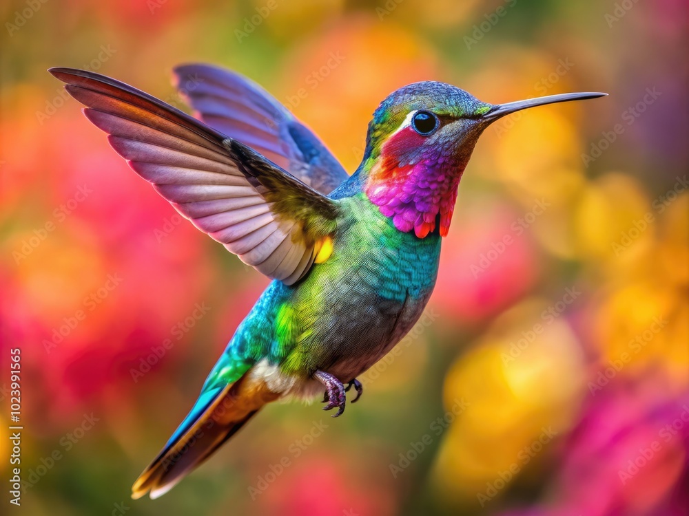 Fototapeta premium A stunning closeup of a vibrant hummingbird in flight, showcasing the breathtaking beauty of nature as it darts gracefully among colorful blossoms and greenery.