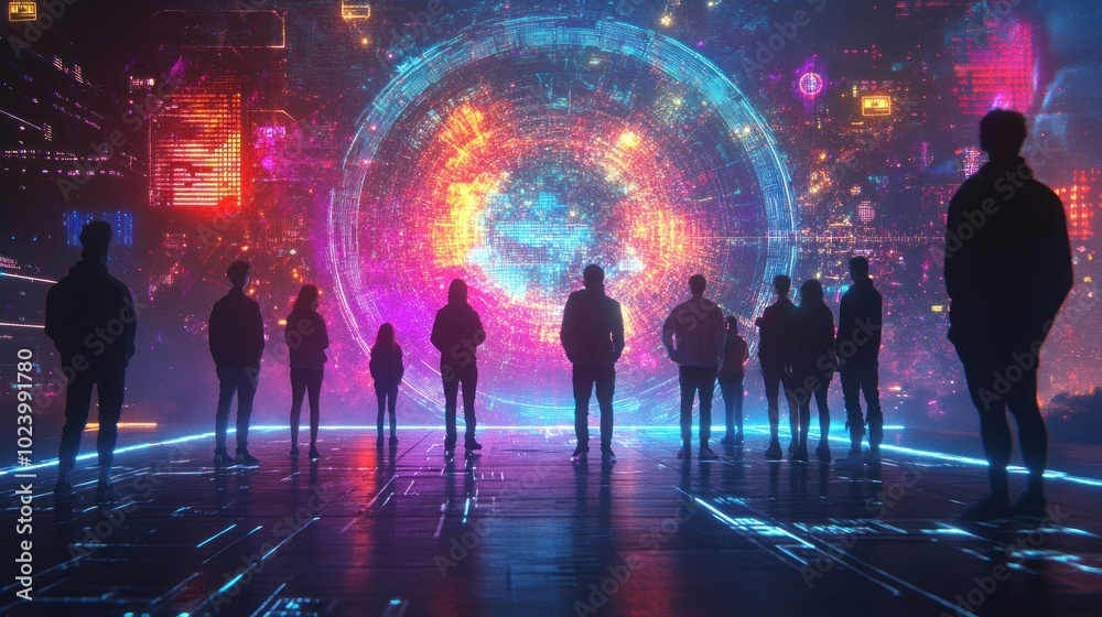 A group of people stand in silhouette before a glowing, orb-shaped portal in a futuristic cityscape. A group of people stand in silhouette before a glowing, orb-shaped portal in a futuristic cityscape.
