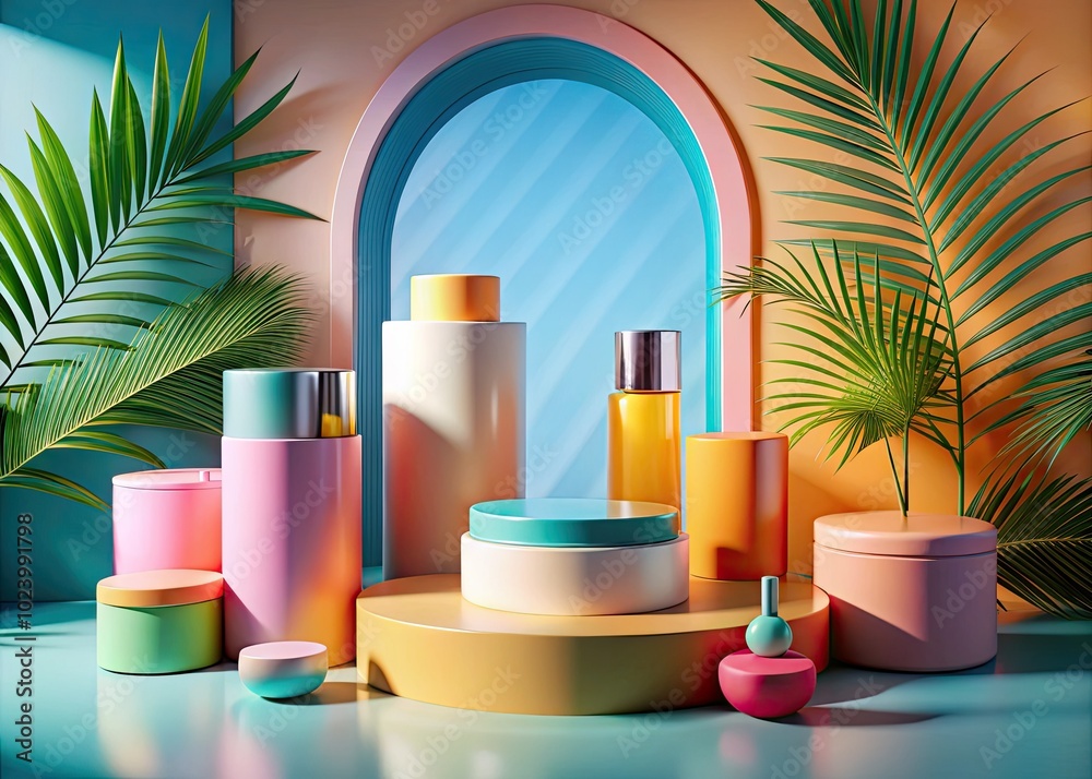 A stylish cylinder paired with a geometric platform presents a minimalist summer setting ideal for highlighting diverse cosmetic products attractively and effectively. A stylish cylinder paired with a geometric platform presents a minimalist summer setting ideal for highlighting diverse cosmetic products attractively and effectively.
