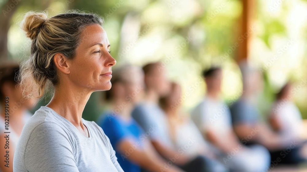 A woman meditates in an outdoor yoga class, embracing serenity and inner peace, surrounded by nature with blurred participants in the calming background. A woman meditates in an outdoor yoga class, embracing serenity and inner peace, surrounded by nature with blurred participants in the calming background.