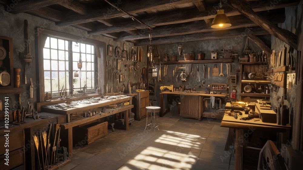 A Rustic Workshop Filled with Tools and Sunlight Streaming Through a Window