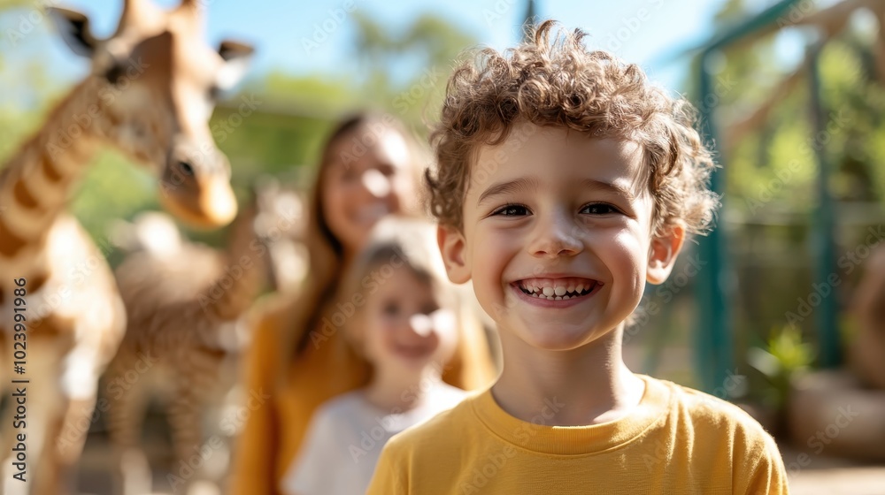 A smiling boy stands joyfully at the zoo with giraffes in the background, radiating happiness and innocence on a bright, sunny day with family nearby. A smiling boy stands joyfully at the zoo with giraffes in the background, radiating happiness and innocence on a bright, sunny day with family nearby.