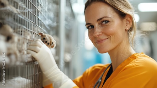 A smiling caregiver interacts with a small animal in a lab setting, showcasing the importance of human-animal interaction and care in research environments. photo