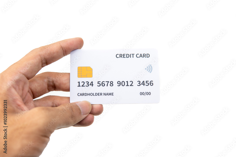Hand showing credit card isolated on white background, template, mockup Hand showing credit card isolated on white background, template, mockup