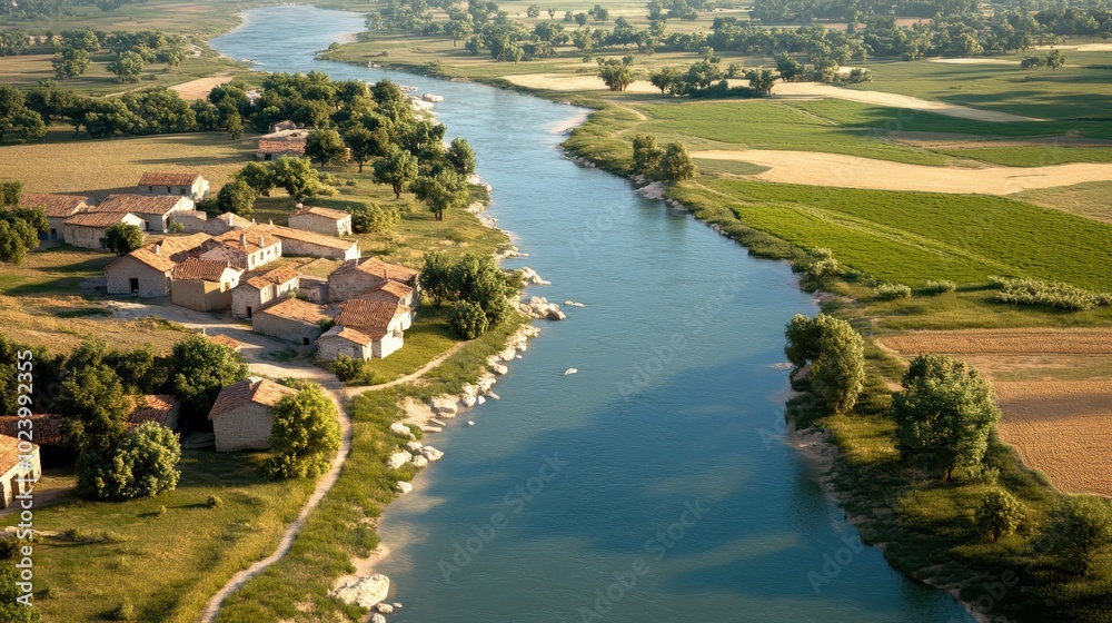 A charming village with tiled rooftops sits alongside a gently flowing river, bordered by verdant fields and trees under a clear, sunny sky in a pastoral setting.