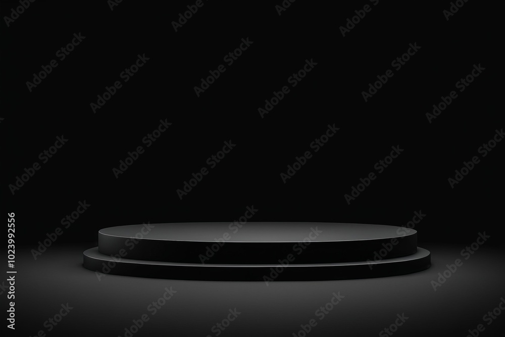 An empty dark spotlight shines on a round metal plate podium, creating a minimalistic design with no one present for products display An empty dark spotlight shines on a round metal plate podium, creating a minimalistic design with no one present for products display