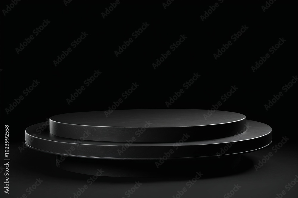 An empty dark spotlight shines on a round metal plate podium, creating a minimalistic design with no one present for products display An empty dark spotlight shines on a round metal plate podium, creating a minimalistic design with no one present for products display