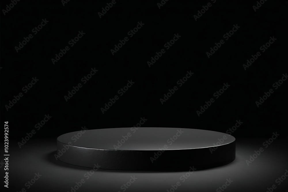 An empty dark round metal plate podium, creating a minimalistic design with no one present for products display An empty dark round metal plate podium, creating a minimalistic design with no one present for products display