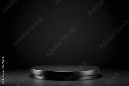 An empty dark spotlight shines on a round metal plate podium, creating a minimalistic design with no one present for products display