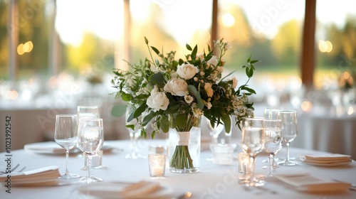 A chic wedding setup features lush floral arrangements with white roses and greenery on a round table, set with sparkling glassware and lit by candlelight for ambiance.