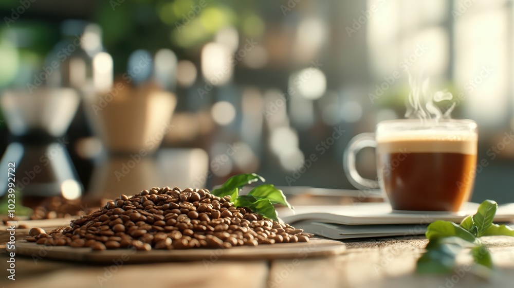 A steaming cup of coffee, set amidst lush green leaves and a pile of coffee beans, creates a serene setting on a wooden surface inside a sunlit room. A steaming cup of coffee, set amidst lush green leaves and a pile of coffee beans, creates a serene setting on a wooden surface inside a sunlit room.