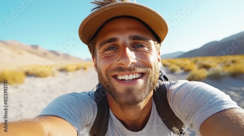 A cheerful man takes a selfie in a bright, sunlit desert landscape, wearing a hat and backpack, embodying a sense of adventure and joy in nature's vast expanse.