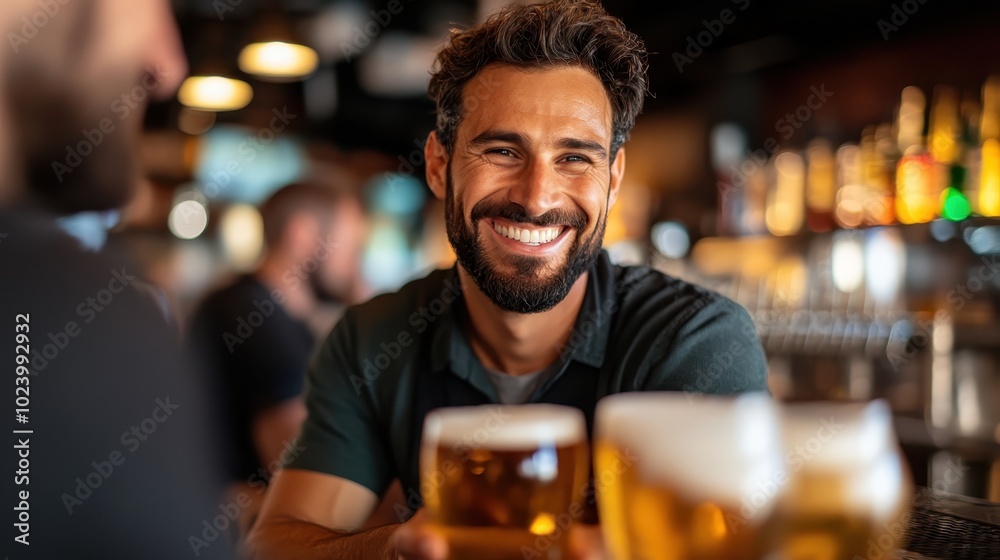 A happy man with a beard is enjoying a beer at a lively bar, displaying a warm smile, surrounded by blurred background with lights and beer glasses. A happy man with a beard is enjoying a beer at a lively bar, displaying a warm smile, surrounded by blurred background with lights and beer glasses.