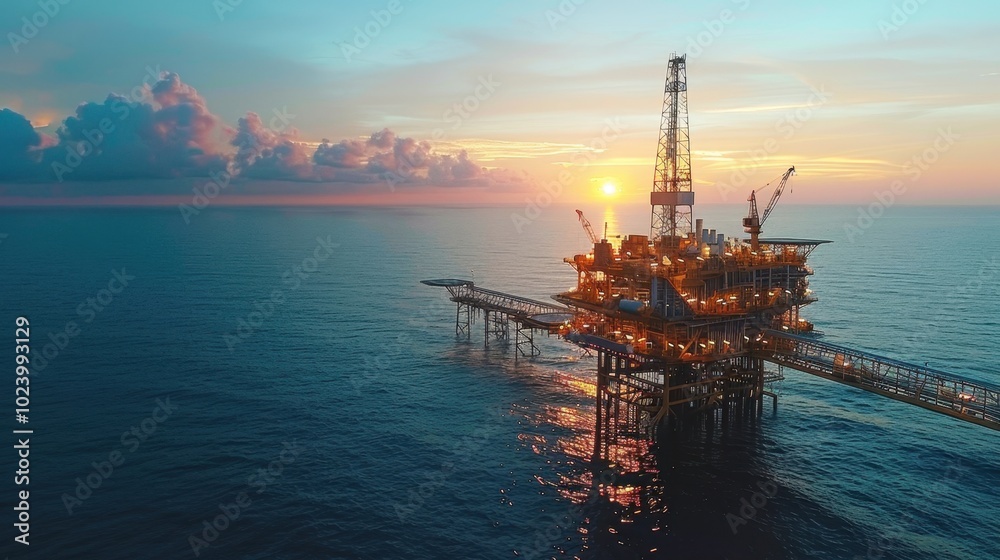 Oil Rig Overlooking Ocean at Sunset