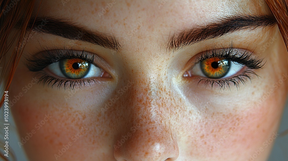 Naklejka premium Close-Up Portrait of a Woman with Freckles and Captivating Eyes