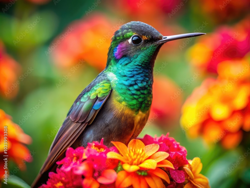 Fototapeta premium This beautiful Collared Inca Hummingbird perches amid striking blooms in a lush tropical environment, embodying the harmony and vivid colors found in nature's wonders.