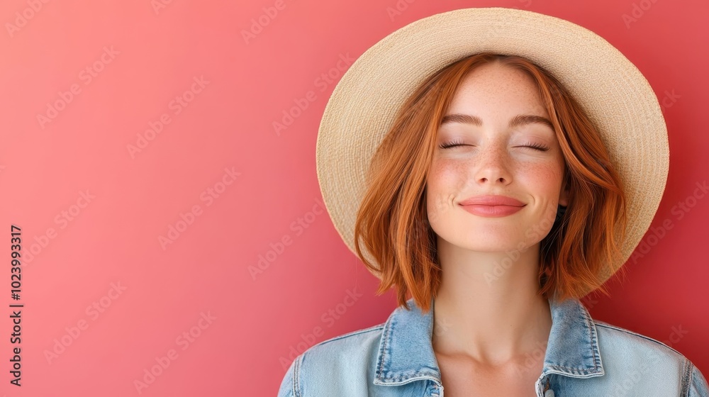A woman with closed eyes and peaceful smile, wearing a wide-brimmed hat and denim, stands against a soft pink background, capturing serene joy and contentment. A woman with closed eyes and peaceful smile, wearing a wide-brimmed hat and denim, stands against a soft pink background, capturing serene joy and contentment.