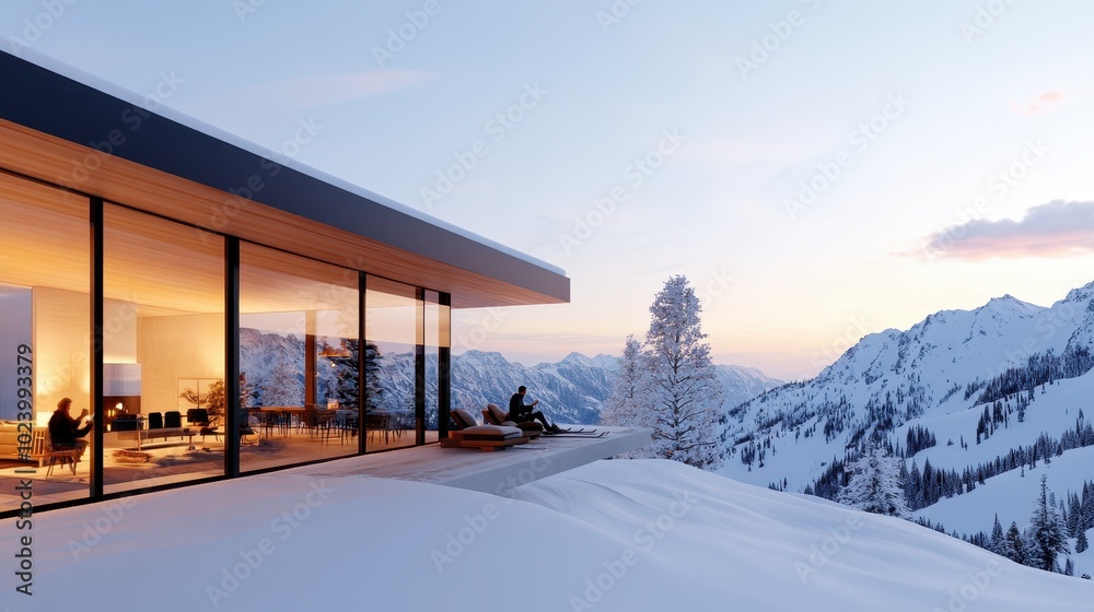 A sleek, modern glass house seamlessly integrated with a breathtaking snowy mountain landscape, offering a luxurious and tranquil retreat with panoramic views. A sleek, modern glass house seamlessly integrated with a breathtaking snowy mountain landscape, offering a luxurious and tranquil retreat with panoramic views.